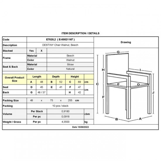 DESTINY Καρέκλα Τραπεζαρίας Οξιά Καρυδί, Κάθισμα Ψάθα, Στοιβαζόμενη 48x52x89cm