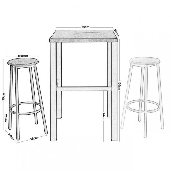 MAYER SET BAR ΜΕΤΑΛΛΙΚΟ ΑΝΘΡΑΚΙ, ANTIQUE BROWN  (Τραπέζι 60x60cm+2 Σκαμπό)