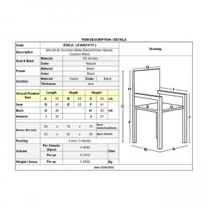 SALSA-W Πολυθρόνα Τραπεζαρίας Κήπου, Μέταλλο Βαφή Μαύρο, Wicker Φυσικό, Μαξιλάρι Μαύρο 55x56x82cm