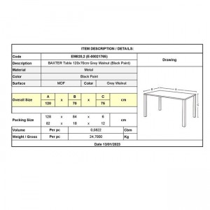BAXTER Τραπέζι Κουζίνας Τραπεζαρίας, Μέταλλο Βαφή Μαύρο, Grey Walnut 120x70x75cm
