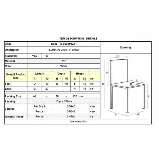 ILONA PP Καρέκλα Εστίασης - Catering Στοιβαζόμενη PP Άσπρο 40x46x88cm