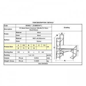 ΓΡΑΦΕΙΟ 4 Ράφια - Βάση Η/Υ - Συρταρωτή Θέση Πληκτρολογίου, Μέταλλο Μαύρο, Καρυδί 100x52x118cm