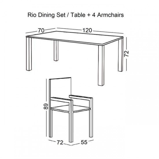 RIO Set Τραπεζαρία Βεράντας - Κήπου: Τραπέζι 120x70cm + 4 Πολυθρόνες H89cm Μέταλλο Καφέ, Textilene Καφέ