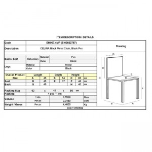 CELINA Καρέκλα Μέταλλο Βαφή Μαύρo, Pvc Μαύρο 45x54x85cm