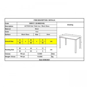 ACTION Βοηθητικό Τραπεζάκι Σαλονιού - Καθιστικού Inox - Μαυρό Γυαλί 8mm 60x60x45cm