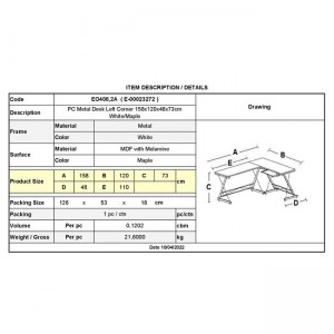 ΓΡΑΦΕΙΟ Η/Υ Γωνία, Μέταλλο Βαφή Άσπρο, Επιφάνεια Απόχρωση Maple 158x120x73cm