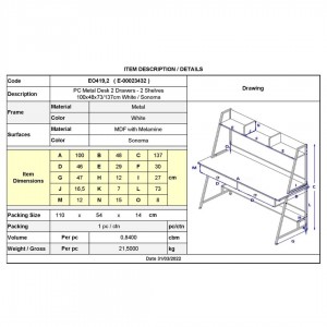 ΓΡΑΦΕΙΟ Η/Υ 2 Συρτάρια 2 Ράφια Μέταλλο Βαφή Άσπρο, MDF - Melamine Απόχρωση Sonoma 100x48x73/137cm
