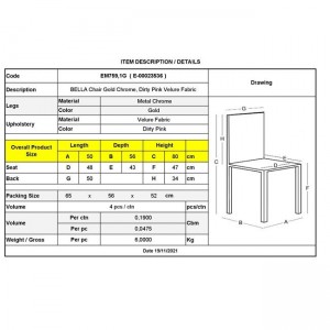 BELLA Καρέκλα Τραπεζαρίας, Μέταλλο Χρώμιο Χρυσό, Ύφασμα Velure Απόχρωση Γκρι