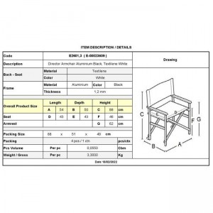 Σκηνοθέτη Πολυθρόνα, Αλουμίνιο Μαύρο (1,2mm), Textilene Άσπρο (2,75kg) 54x50x88cm