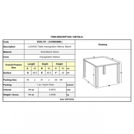 LUGANO Τραπεζάκι Βοηθητικό Ξύλο Οξυά, Βαφή Εμποτισμού Απόχρωση Καρυδί 45x40x43cm