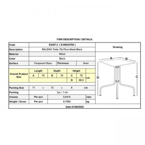 BALENO Τραπέζι Κήπου - Βεράντας, Μέταλλο Βαφή Μαύρο, Γυαλί 70x70cm