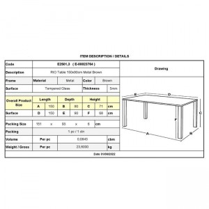 RIO Τραπέζι Κήπου - Βεράντας, Μέταλλο Βαφή Καφέ, Γυαλί 150x90x71cm