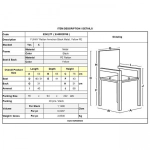 FUNKY Rattan Πολυθρόνα Κήπου - Βεράντας, Μέταλλο Βαφή Μαύρο, Κορδόνι PE Κίτρινο 54x60x77cm
