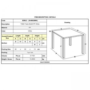 TEBO Τραπέζι Dining Κήπου- Βεράντας, PP Άσπρο