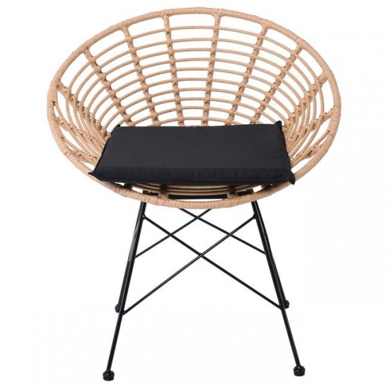 SALSA Coral Πολυθρόνα Κήπου- Τραπεζαρίας, Μέταλλο Μαύρο, Wicker Φυσικό, Μαξιλάρι Μαύρο 72x62x81cm
