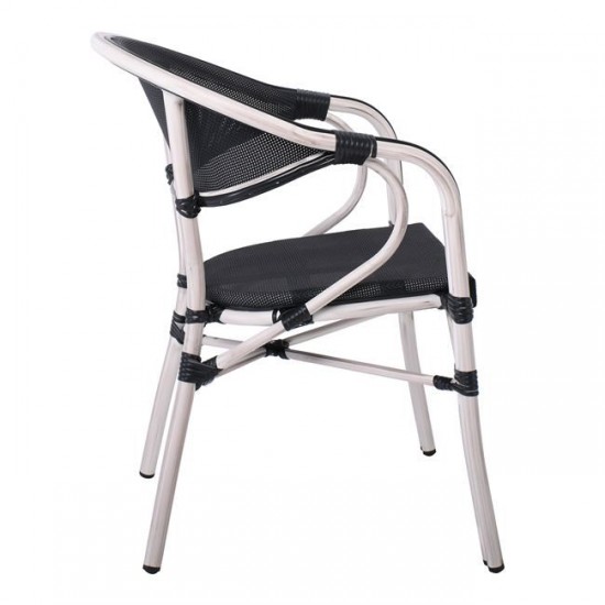 VEGERA Πολυθρόνα Dining Αλουμίνιο Βαφή Antique White Textilene Μαύρο, Στοιβαζόμενη 57x58x83cm