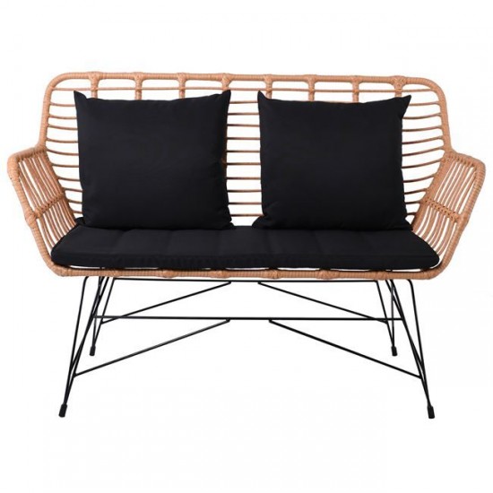 SALSA MAX Living Καναπές Κήπου 2Θέσιος, Μέταλλο Βαφή Μαύρο, Wicker Φυσικό, Μαξιλάρια Μαύρο 147x70x105cm