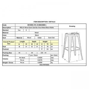 RELIX Wood Σκαμπό Bar, Μέταλλο Βαφή Μαύρο Extra Matte Κάθισμα Dark Oak, Στοιβαζόμενο 42x42x76cm 