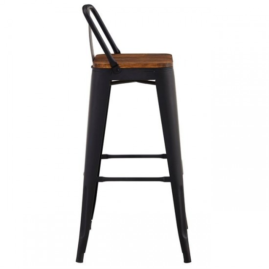 RELIX Wood Σκαμπό Bar με Πλάτη,Μέταλλο Βαφή Μαύρο Extra Matte, Απόχρωση Ξύλου Dark Oak 44x44x76/97cm