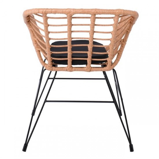 SALSA-D Πολυθρόνα Τραπεζαρίας Κήπου, Μέταλλο Βαφή Μαύρο, Wicker Φυσικό, Μαξιλάρι Μαύρο 58x56x77cm