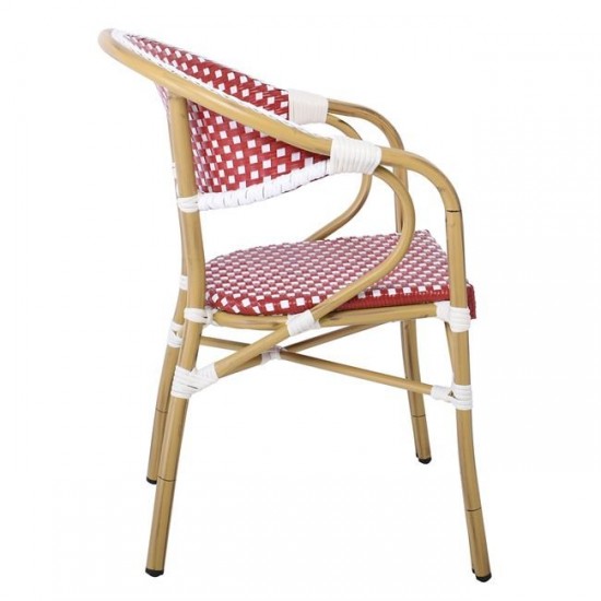 PARIS Πολυθρόνα Bistro Αλουμίνιο Φυσικό, Wicker Άσπρο - Κόκκινο, Στοιβαζόμενη 57x59x84cm
