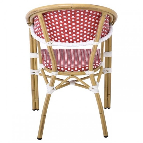 PARIS Πολυθρόνα Bistro Αλουμίνιο Φυσικό, Wicker Άσπρο - Κόκκινο, Στοιβαζόμενη 57x59x84cm