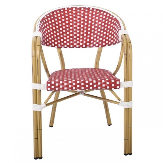 PARIS Πολυθρόνα Bistro Αλουμίνιο Φυσικό, Wicker Άσπρο - Κόκκινο, Στοιβαζόμενη 57x59x84cm