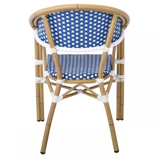 PARIS Πολυθρόνα Bistro Αλουμίνιο Φυσικό, Wicker Άσπρο - Μπλε, Στοιβαζόμενη 57x59x84cm