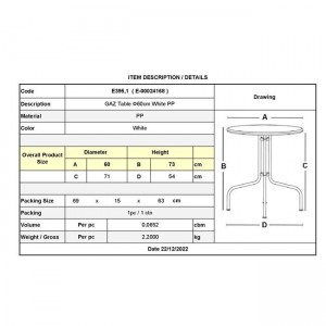 GAZ Τραπέζι Κήπου - Βεράντας, PP Άσπρο Φ60cm H.73cm