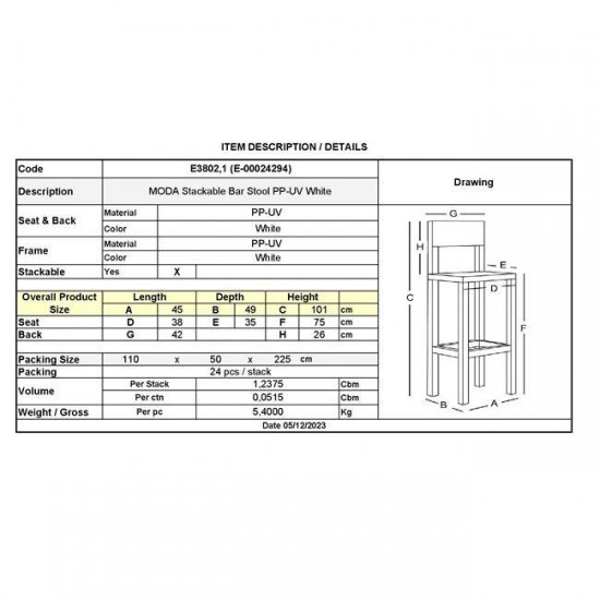 MODA-PRO Σκαμπό Bar Στοιβαζόμενο, PP-UV Protection Απόχρωση Άσπρο 45x49x75/101cm