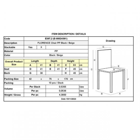 FLORENCE Καρέκλα PP Μαύρο, PP Rattan Μπεζ, Στοιβαζόμενη 41x41x83cm