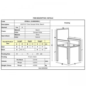 DESTINY Καρέκλα Τραπεζαρίας Οξιά Απόχρωση Decape Άσπρο, Κάθισμα Ψάθα, Στοιβαζόμενη 48x52x89cm