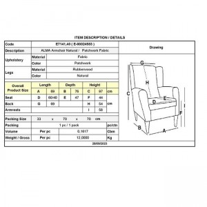 ALMA Πολυθρόνα - Μπερζέρα Σαλονιού - Καθιστικού Φυσικό, Ύφασμα Patchwork 69x76x97cm