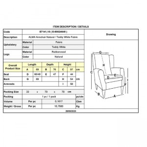 ALMA Πολυθρόνα - Μπερζέρα Σαλονιού - Καθιστικού Φυσικό, Teddy Ύφασμα Άσπρο 69x76x97cm