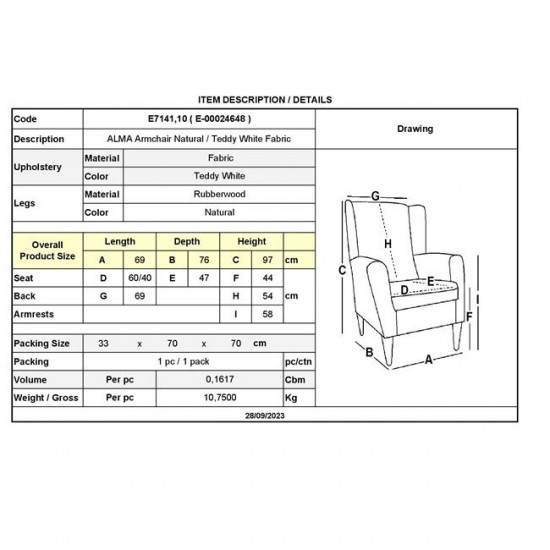 ALMA Πολυθρόνα - Μπερζέρα Σαλονιού - Καθιστικού Φυσικό, Teddy Ύφασμα Άσπρο 69x76x97cm