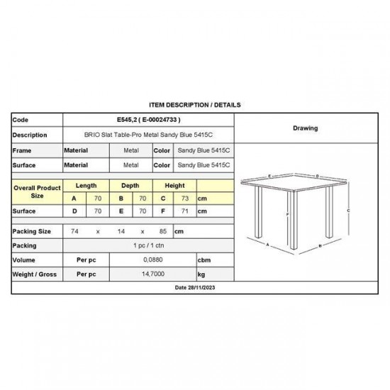 BRIO Slat Τραπέζι Κήπου - Βεράντας, Μέταλλο Βαφή Sandy Blue 5415C 70x70x73cm