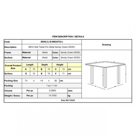 BRIO Slat Τραπέζι Κήπου - Βεράντας, Μέταλλο Βαφή Sandy Green 5635C 70x70x73cm
