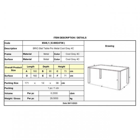 BRIO Slat Τραπέζι Κήπου - Βεράντας, Μέταλλο Βαφή Cool Grey 4C 160x90x73cm