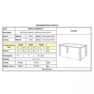 BRIO Slat Τραπέζι Κήπου - Βεράντας, Μέταλλο Βαφή Sandy Blue 5415C 160x90x73cm