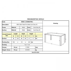BRIO Flat Τραπέζι Κήπου - Βεράντας, Μέταλλο Βαφή Cool Grey 4C 140x80x73cm