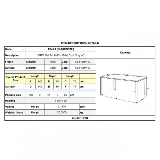 BRIO Flat Τραπέζι Κήπου - Βεράντας, Μέταλλο Βαφή Cool Grey 4C 140x80x73cm
