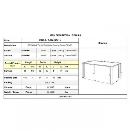BRIO Flat Τραπέζι Κήπου - Βεράντας, Μέταλλο Βαφή Sandy Green 5635C 140x80x73cm
