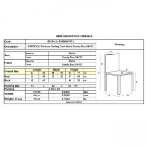 ΖΑΠΠΕΙΟΥ Pantone Καρέκλα Κήπου-Βεράντας, Πτυσσόμενη, Μέταλλο Βαφή Sandy Blue 40x51x77cm