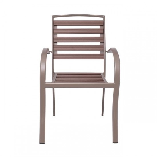 SERRANO Πολυθρόνα Κήπου Μέταλλο Βαφή Sand Beige, Polywood Καρυδί, Στοιβαζόμενη 56x64x88cm