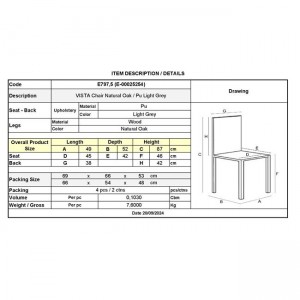 VISTA Καρέκλα Τραπεζαρίας- Κουζίνας, Απόχρωση Natural Oak Pu Ανοιχτό Γκρι 49x52x87cm