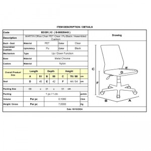 MARTIN Καρέκλα Γραφείου Χρώμιο PET Clear, Κάθισμα: Pu Μαύρο Μονταρισμένη Ταπετσαρία 51x55x78/88cm