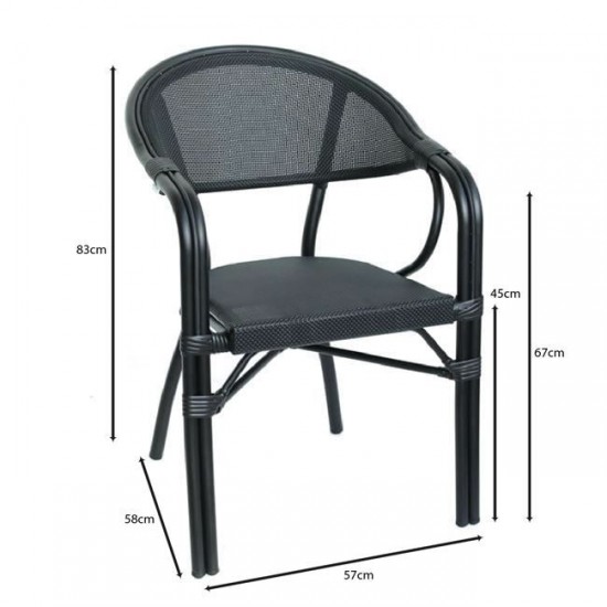 VEGERA Πολυθρόνα Dining Αλουμίνιο Βαφή Μαύρο Textilene Μαύρο, Στοιβαζόμενη 57x58x83cm