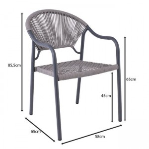 POLIS Πολυθρόνα Βεράντας-Κήπου Μέταλλο Βαφή Ανθρακί, Rope Wicker Γκρι, Στοιβαζόμενη 58x65x85,5cm