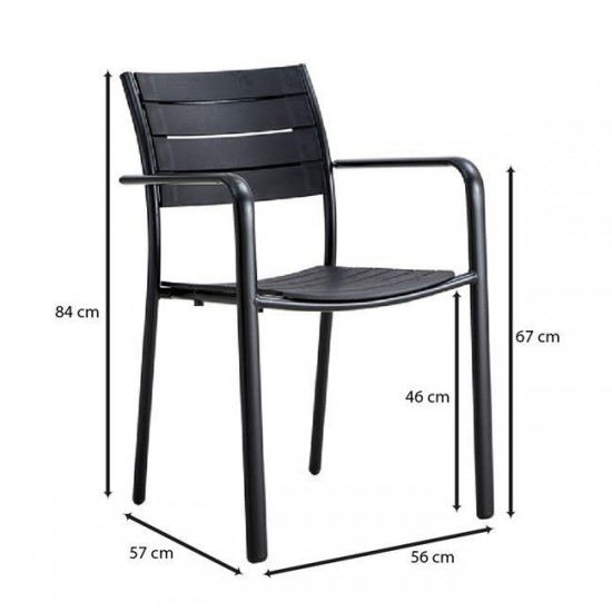 SAGA Πολυθρόνα Στοιβαζόμενη, Μέταλλο Βαφή Μαύρο, PP-UV Μαύρο 56x57x84cm