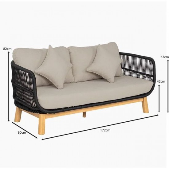 MARK Set Σαλόνι Κήπου 4 τεμαχίων Acacia Φυσικό, Rope Wicker Μαύρο, Μαξιλάρια Μπεζ